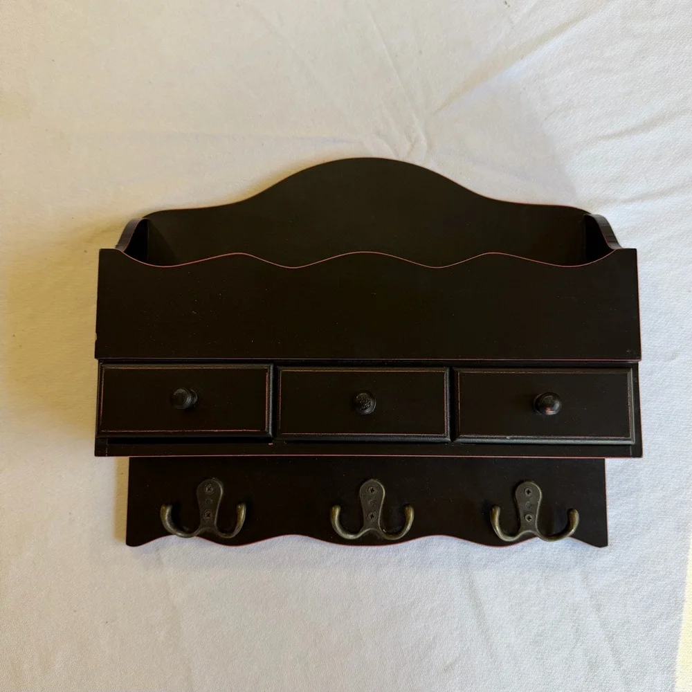 VTG Wall-Mounted Black Wooden Organizer with Hooks and Drawers